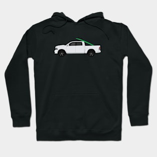 Green surf board in white pickup truck Hoodie